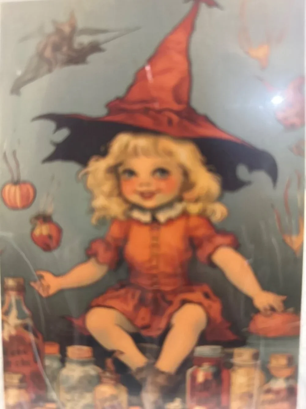 Vintage Halloween Witch Postcard With Blonde Girl Red Hat Bottles Pumpkins & Bat